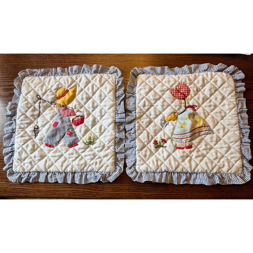 Vtg Sunbonnet Sue & Overall Sam Quilted Pillow Covers Ruffled Retro Cottagecore